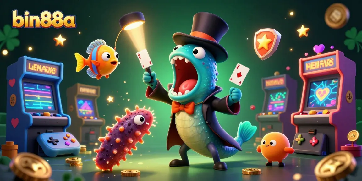 Engage with bin88a's thrilling magic scene featuring a giant gulper eel and anglerfish in a vibrant casino setting.