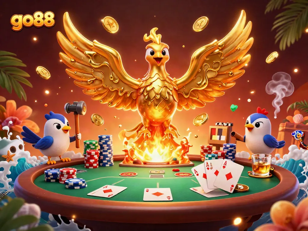 Experience the thrill of go88 as gold coins rain, with vibrant casino elements around a phoenix.
