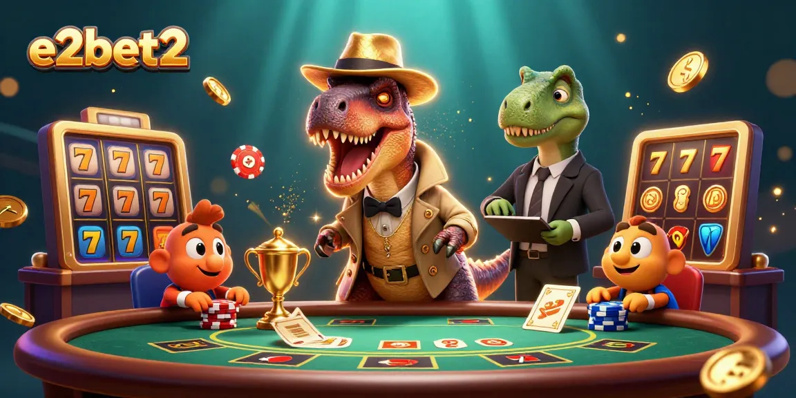Engage in thrilling gameplay at e2bet2 with dynamic slots, golden trophies, and colorful characters.