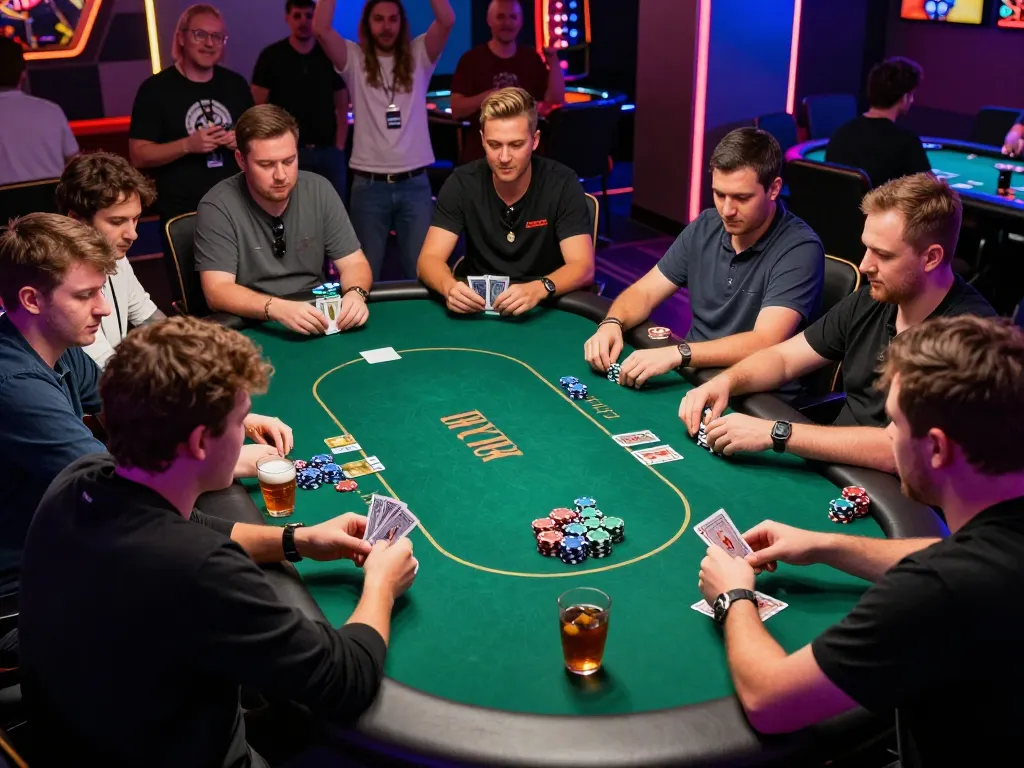 KJC poker tournament captures players in intense action at a vibrant casino.