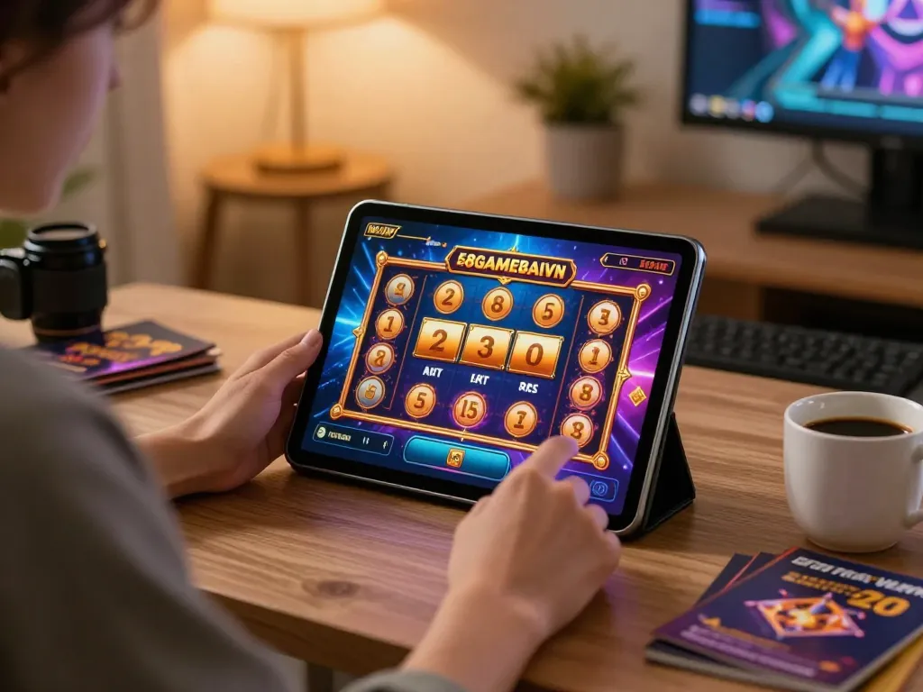 Person experiencing a thrilling slots win on 68gamebaivn while enjoying a cozy home setup