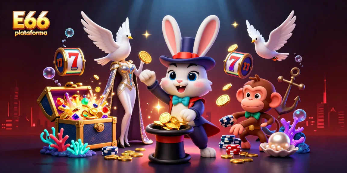 Promova a diversão com a plataforma E66, onde o coelho mágico revela moedas em um cenário repleto de jogos.
