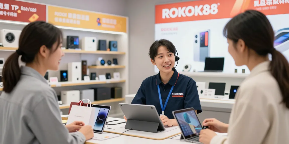 ROKOK88 customer service representative assisting a customer in a vibrant retail environment highlighting top tech products.
