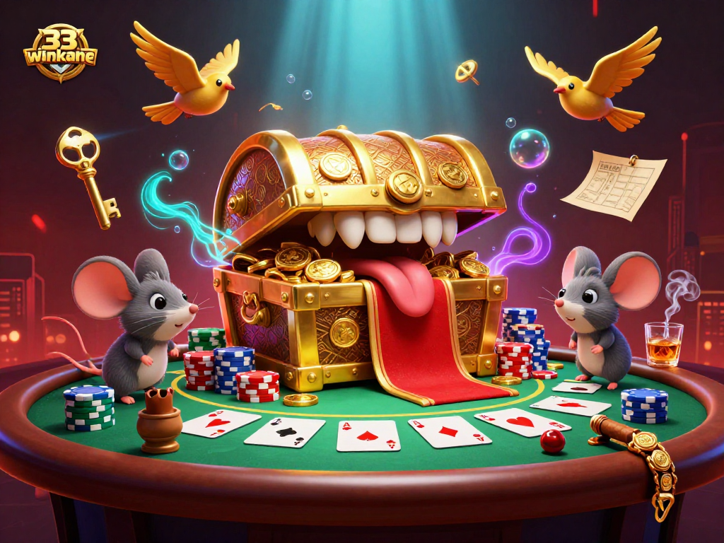 33winkane captures the excitement of adventurous mice and the golden treasure chest in an electrifying casino scene.