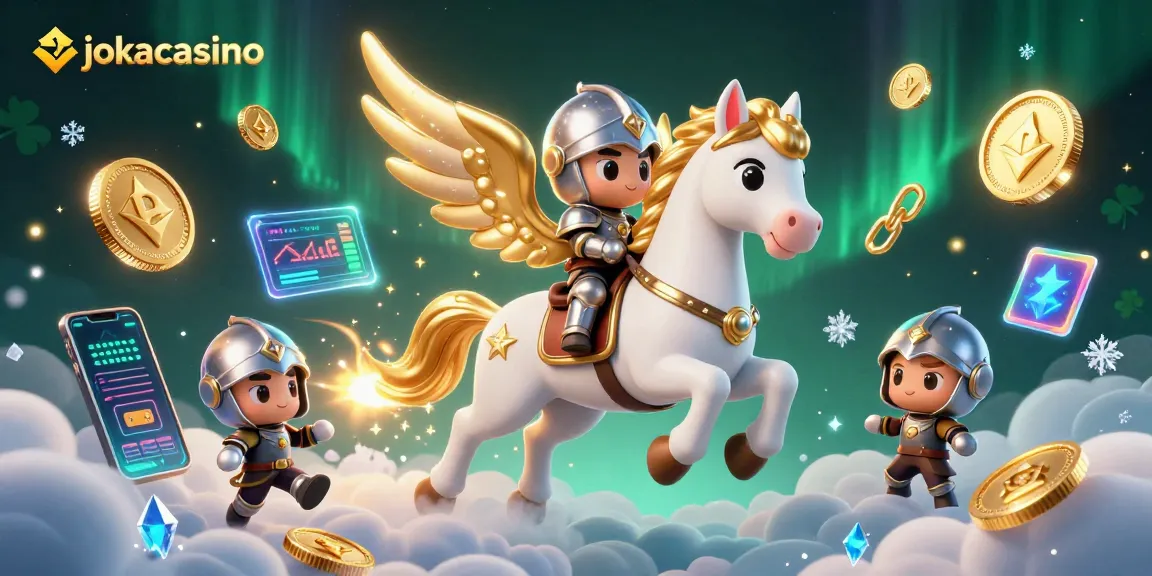 Experience jokacasino with a enchanting 3D scene depicting gaming adventure, cryptocurrency, and lucky symbols.