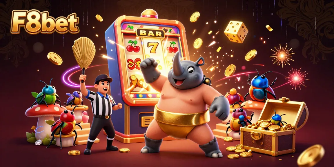 Win big with F8bet: a vibrant 3D casino scene featuring a beetle champion amidst slot machines and coins.
