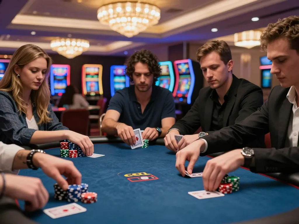 LGO GOAL poker players celebrating a winning hand in an upscale casino environment