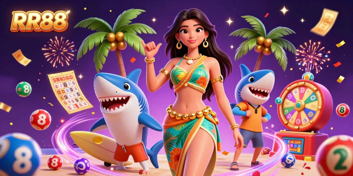 Engage with winning opportunities at RR88, featuring colorful lottery balls and a dynamic beach scene.
