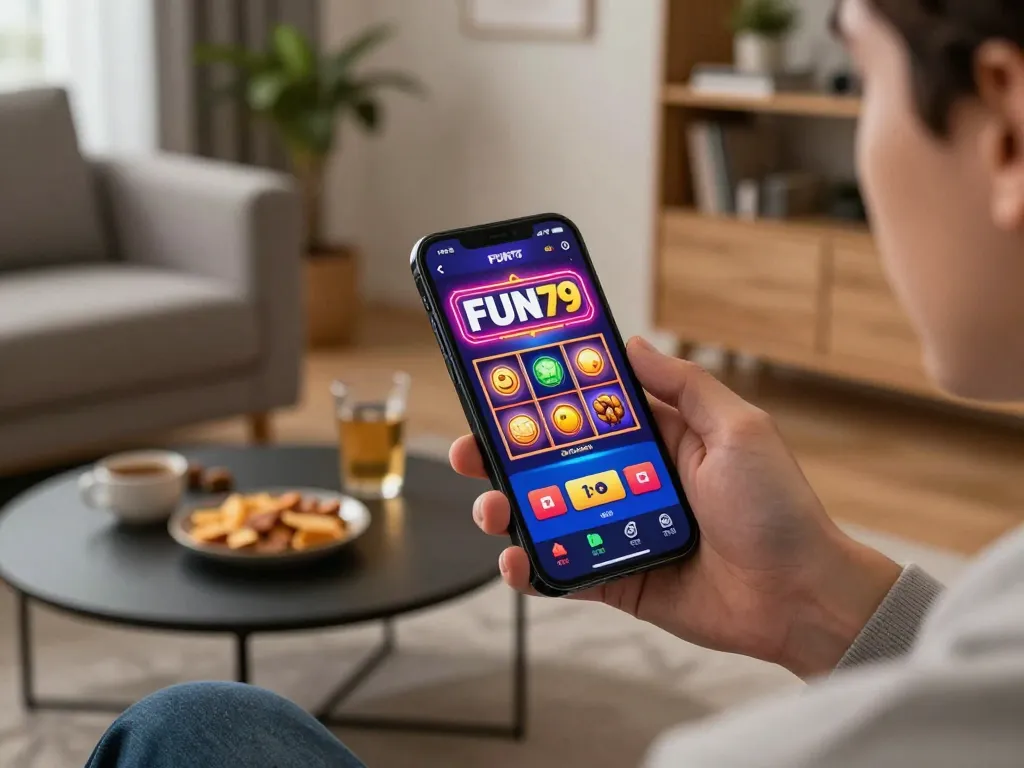 Engaging with the FUN79 app features a vibrant gaming interface in a cozy home setting.
