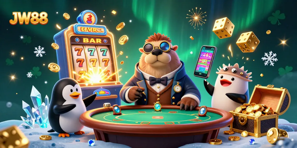 Experience the excitement of JW88 with vibrant casino illustrations highlighting winning plays and jackpot moments.