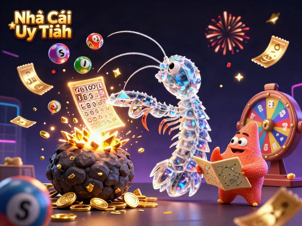 A vibrant scene of Nhà Cái Uy Tín showing a cartoon mantis shrimp in armor amidst gaming elements, capturing the excitement of gambling.