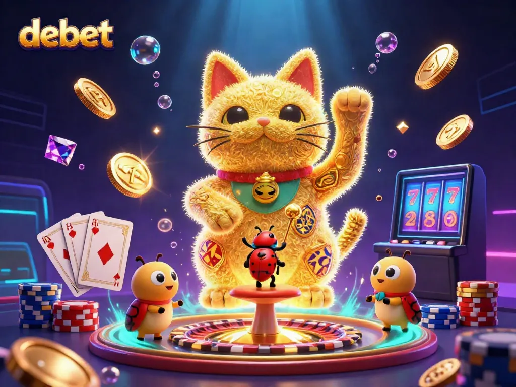 Experience high-energy gaming with Debet's vibrant casino themes featuring a golden lucky cat illustration.