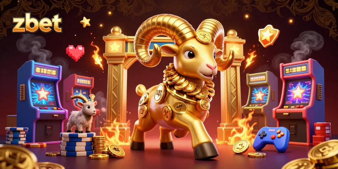 Zbet gaming experience with a golden ram charging through a dynamic casino scene filled with arcade elements