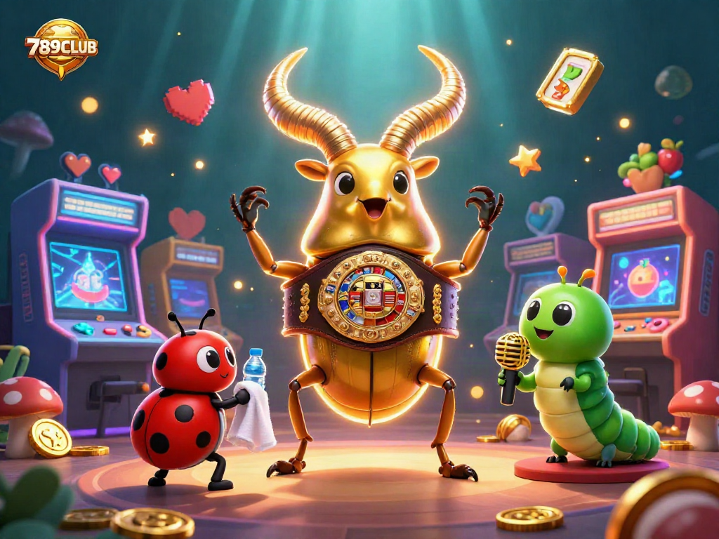 Engage with 789CLUB's vibrant casino graphics showcasing a boxing beetle champion and arcade excitement.