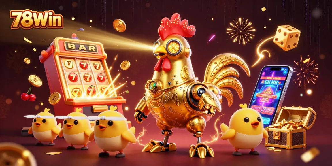Engage with 78Win's dynamic jackpot experience featuring golden rooster robot and thrilling slots.