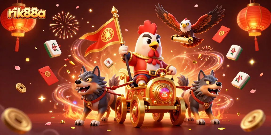 Experience thrilling action at rik88a with a dynamic illustration of the rooster warlord amidst vibrant casino elements.
