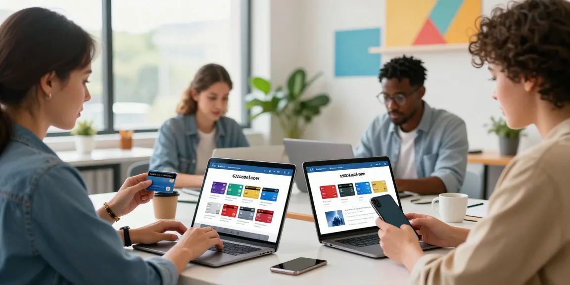 People engaged in online shopping for virtual prepaid cards at ezzocard.com, showcasing a modern workspace.