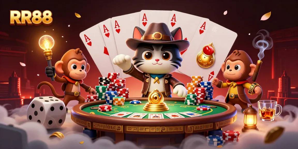 Experience RR88's immersive casino world with a cat archaeologist discovering treasures amidst vibrant gameplay elements.