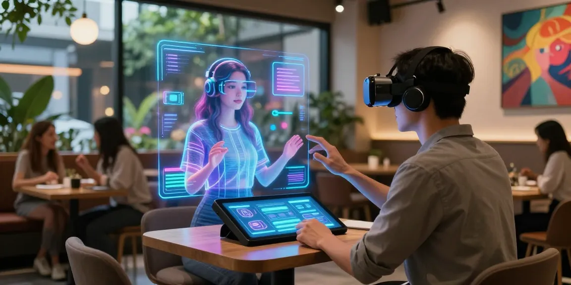 Engaging scene with a user and a lifelike AI gf hologram in a futuristic café setting.