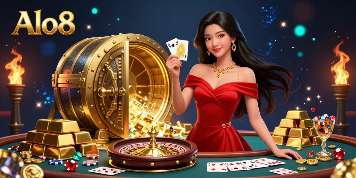 Alo8 promotes thrilling gaming with visually stunning young Asian woman and exciting casino elements in a dynamic scene.