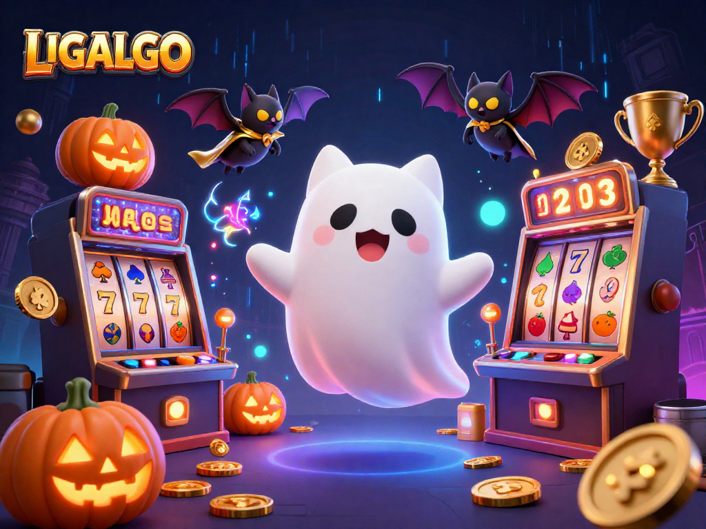 LIGALGO showcases a vibrant casino scene with a whimsical ghost cat and immersive slot elements.