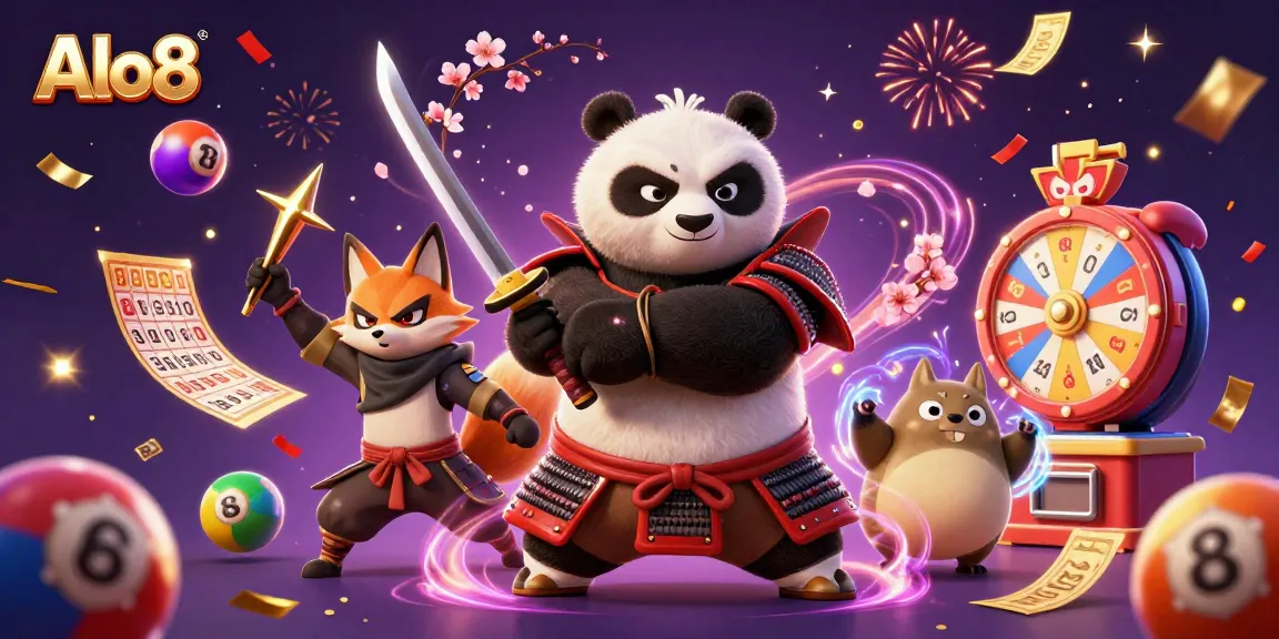 Alo8 engages players with a dynamic scene featuring panda, fox, and tanuki in a colorful gaming celebration.