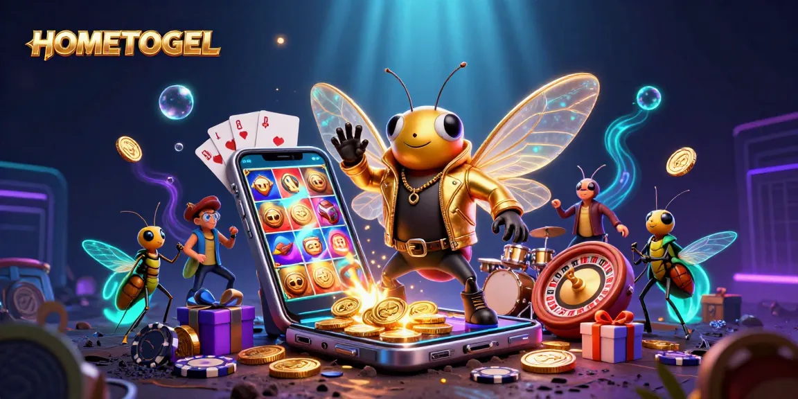 Engage with HOMETOGEL's vivid casino world featuring a rock star cicada, vibrant slots, and lively gaming elements.