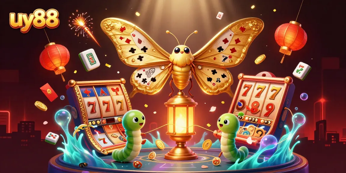 Experience the excitement of uy88 in a vibrant casino scene with golden moths and glowing elements.