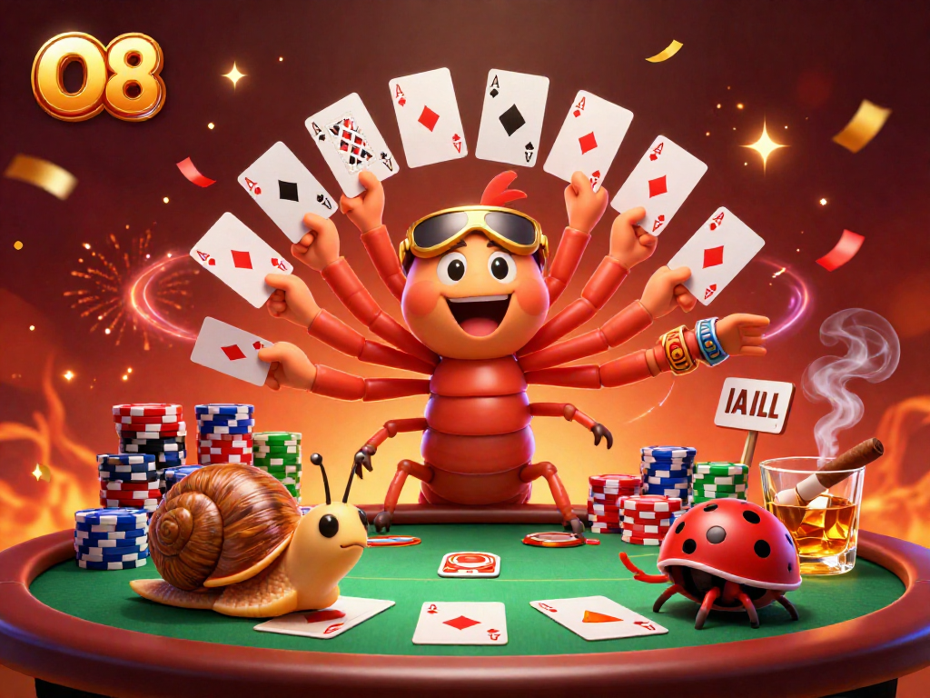 O8 celebrates a lively poker game scene with a colorful illustration of characters and elements.