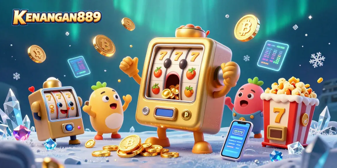 Experience KENANGAN889's thrilling jackpots with vibrant slot machines in this dynamic 3D illustration.
