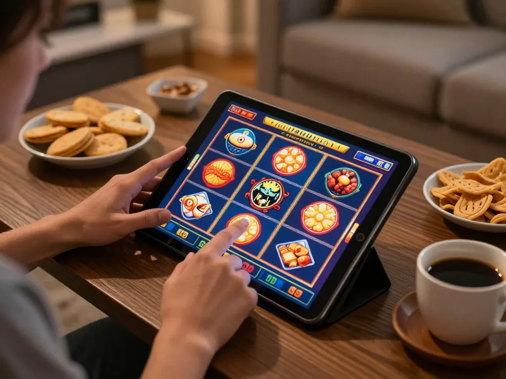 LGO SUPER online gaming session on a tablet in a cozy environment with snacks and coffee.