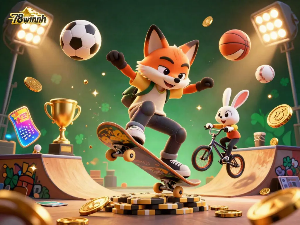 Win big at 78winnh with our dynamic gambling scene featuring a fox skateboarder and a BMX rabbit.