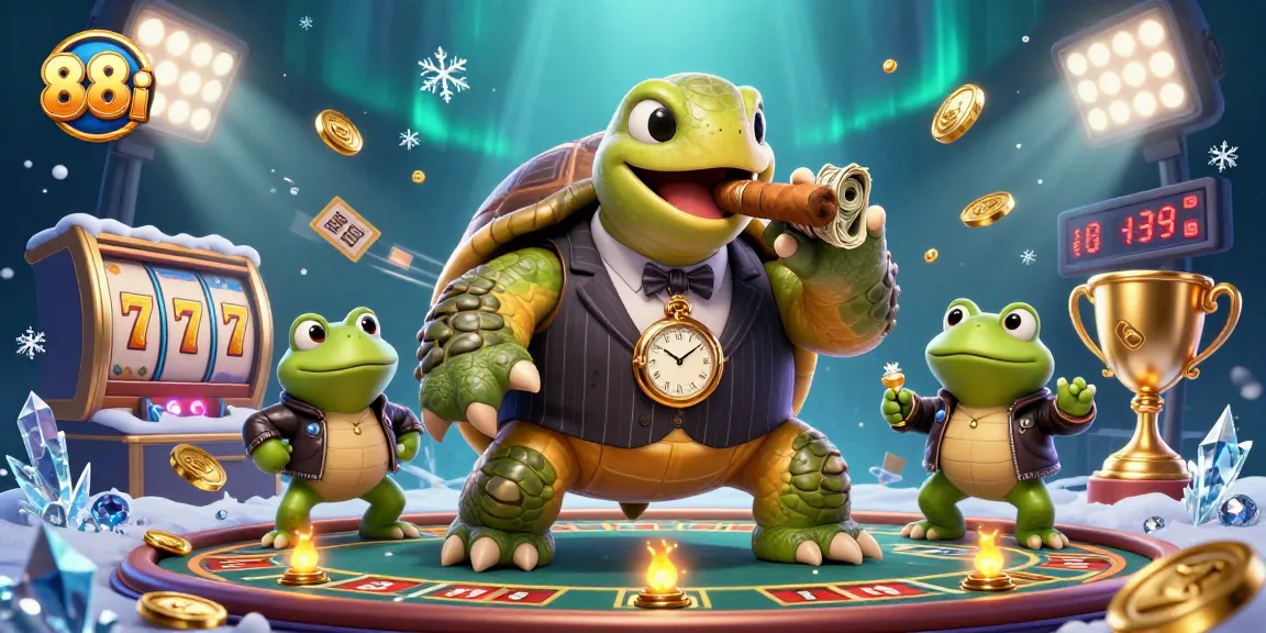 Bet on thrilling moments with 88i's 3D cartoon turtle and gaming elements in an exciting casino scene.