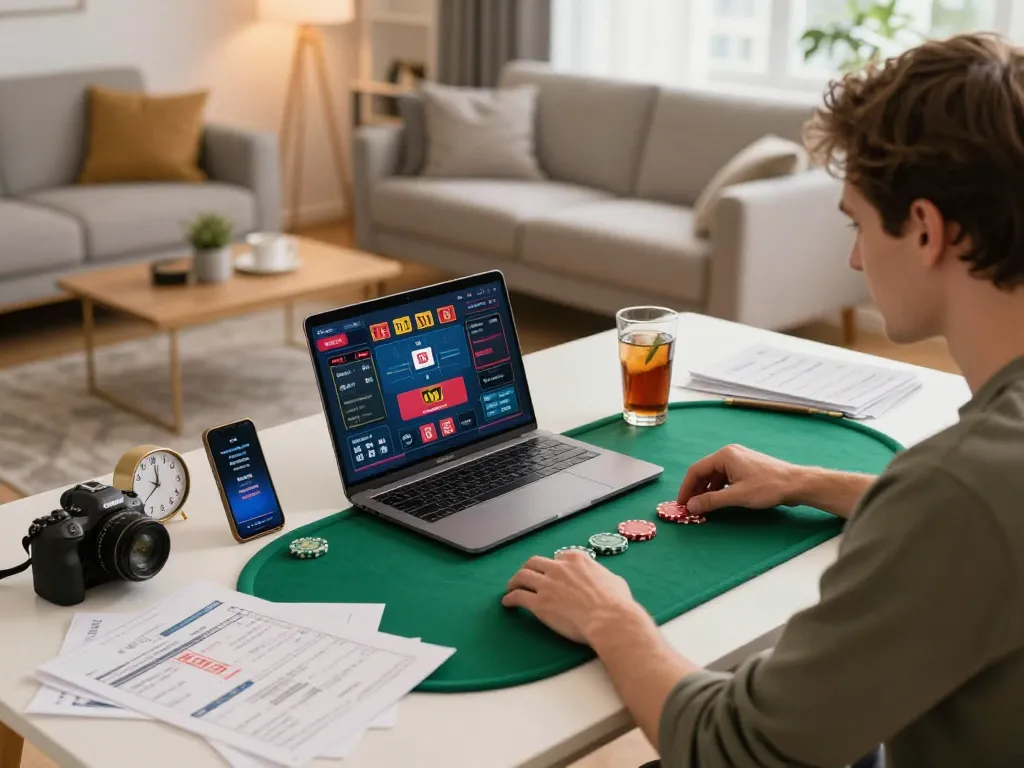 Online gambler strategizing on 23win platform while enjoying poker gameplay at home in a stylish living room