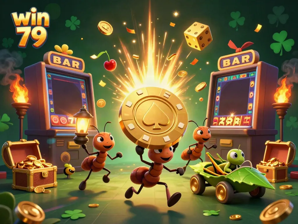 Win 79 team of ants heisting a giant poker chip amidst a vibrant casino explosion of gold