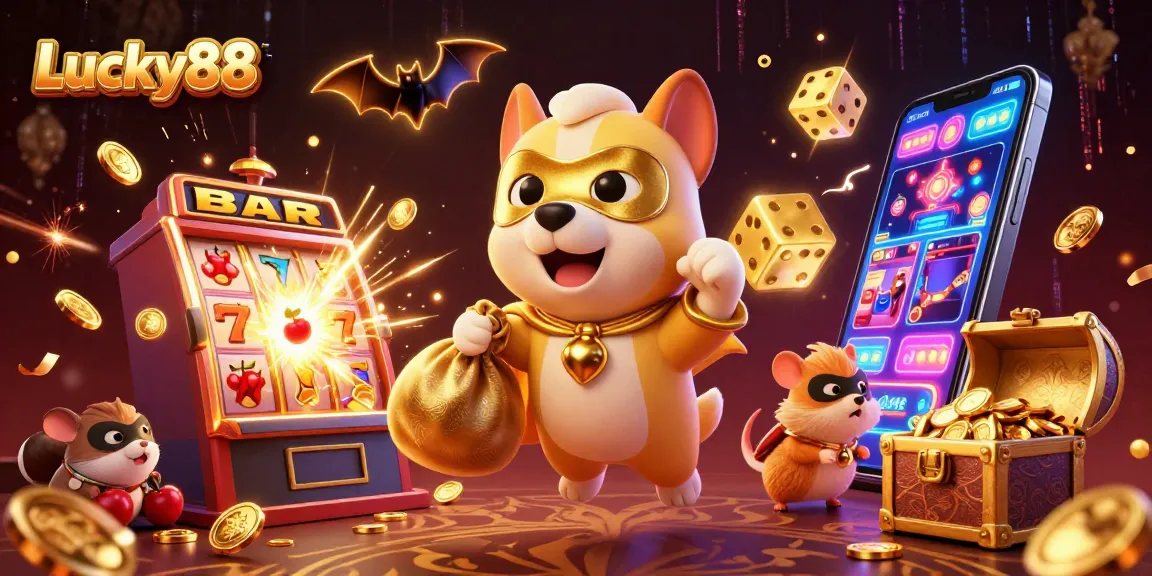 Engage with Lucky88's thrilling casino adventure featuring a superhero dog and hamster against vibrant game elements.