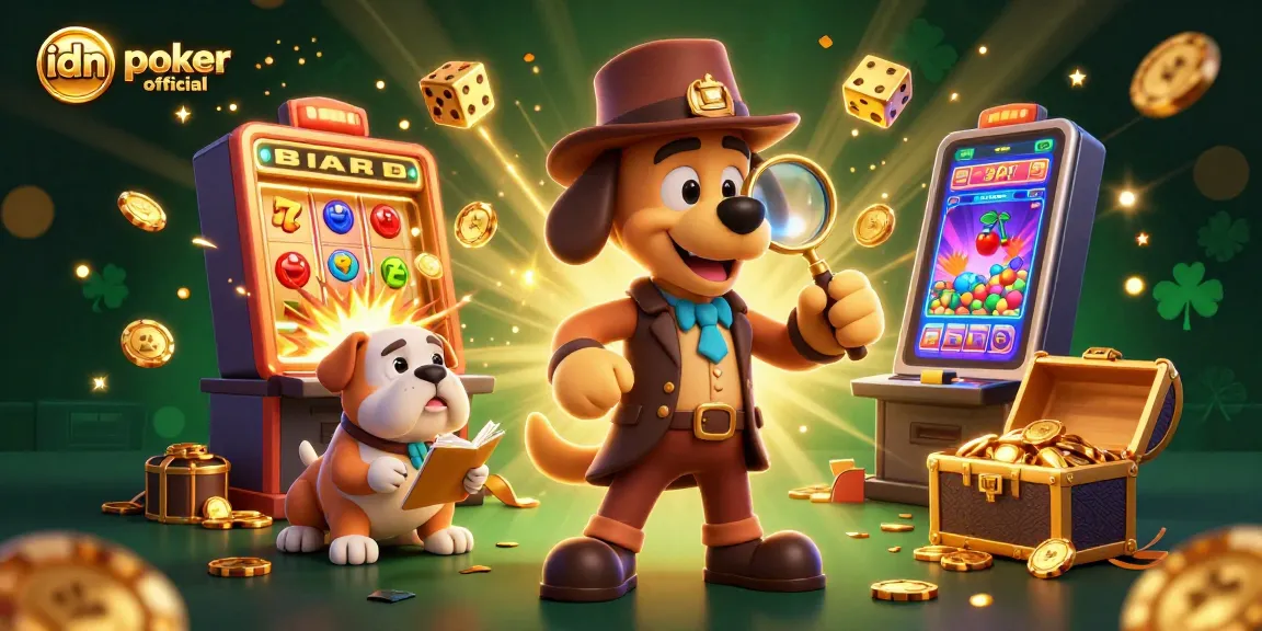 Mengamati chip poker emas di IDN Poker Resmi yang penuh dengan simbol slot dan koin emas berkilau.