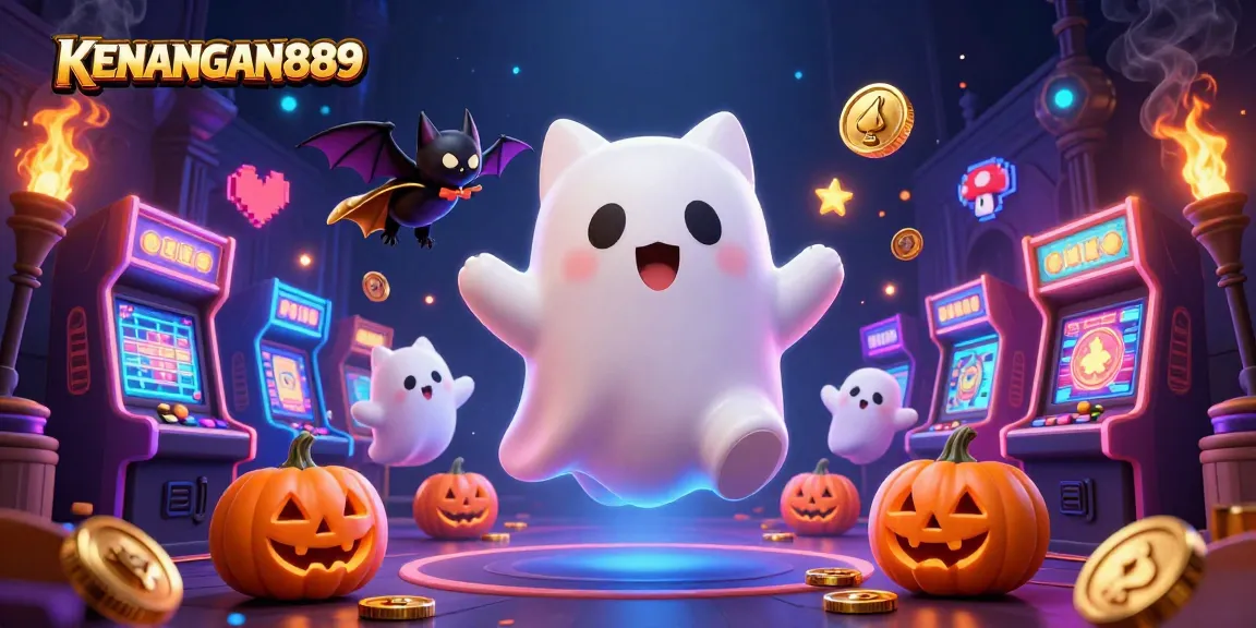Experience exciting gameplay at KENANGAN889 with a floating ghost cat and vibrant casino elements.