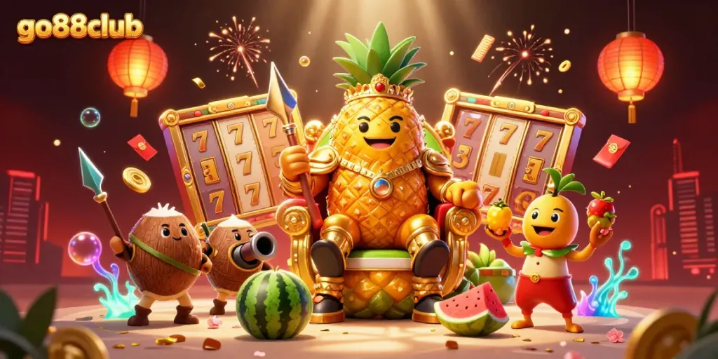 Experience the excitement at go88club with a golden pineapple king in a vibrant 3D casino scene.