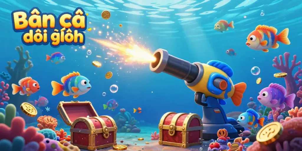 Bắn cá đổi thưởng scene showcasing an immersive underwater cannon game with vibrant sea creatures and colorful coral.