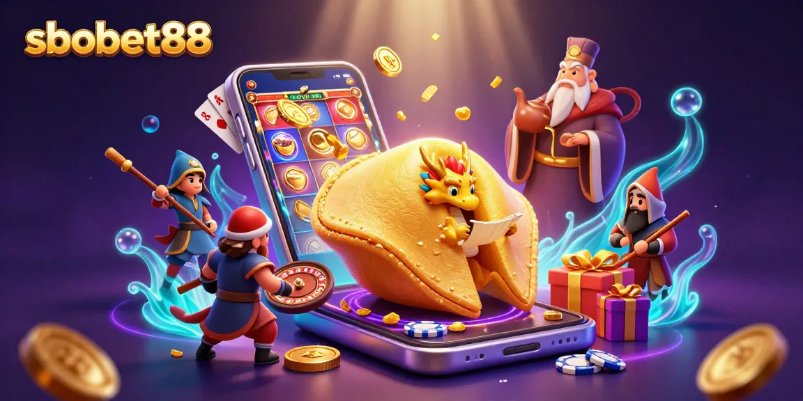 sbobet88 showcases a dynamic casino scene with fortune-themed characters and vibrant gaming elements.