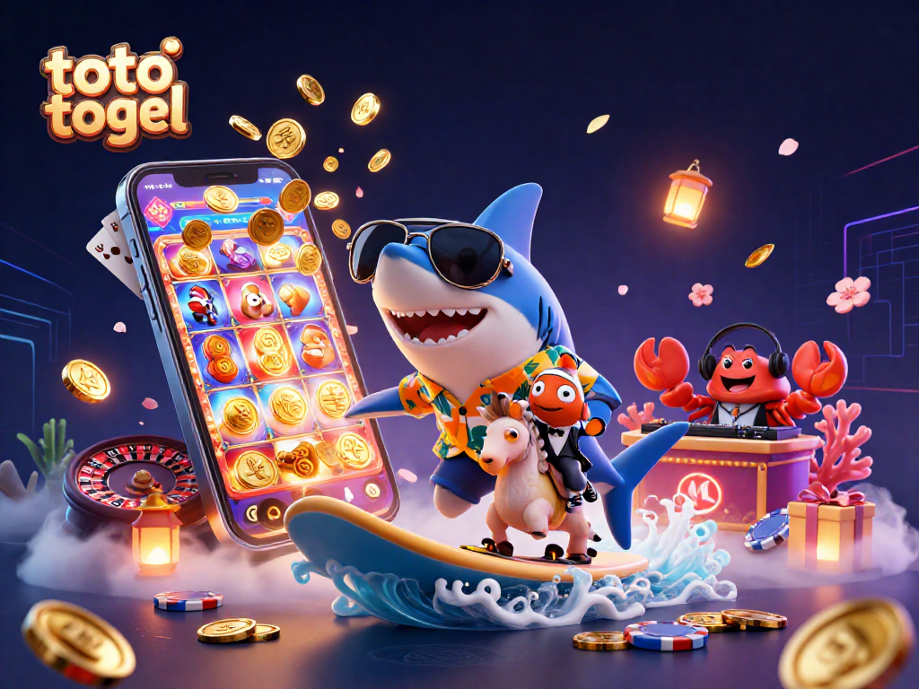 Rayakan dengan toto togel saat ikan badak berselancar di atas koin emas, dikelilingi elemen permainan yang berkilau.