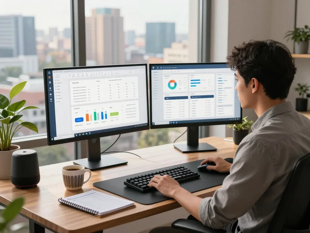 Engaging workspace featuring tech gadgets for productivity, modern desk setup with multiple screens, coffee, and city view.