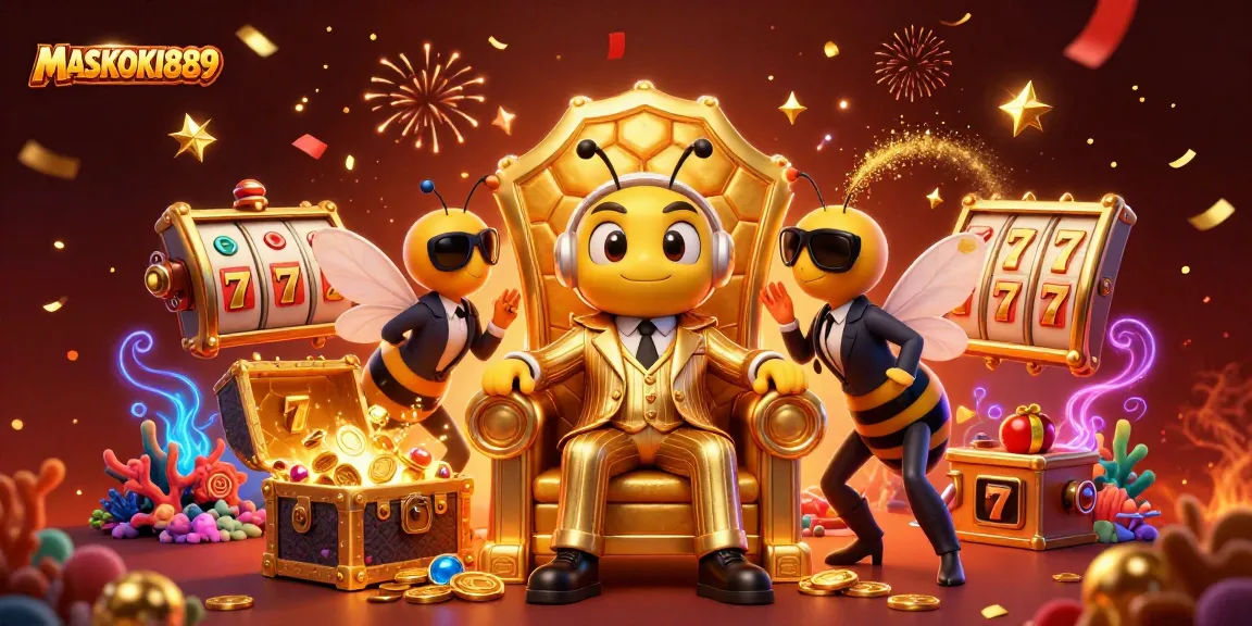 Experience the thrill of slots and winning with MASKOKI889 in a vibrant, detailed casino scene.