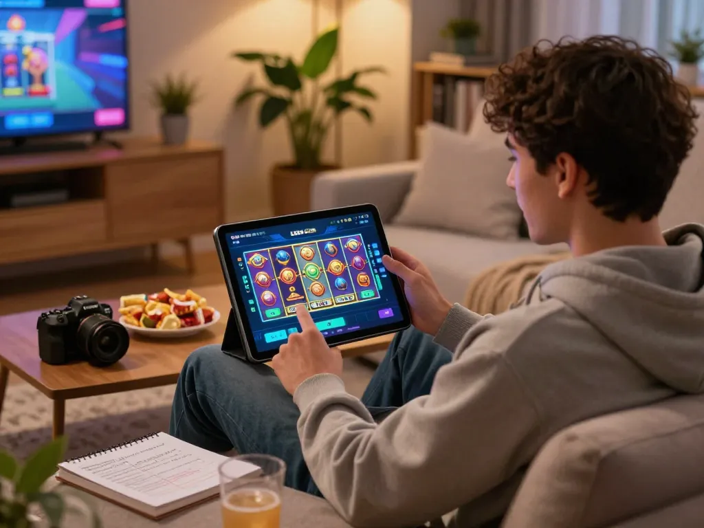 Engaging with the LGO SUPER app in a cozy home setting, showcasing online gaming excitement and responsible play.