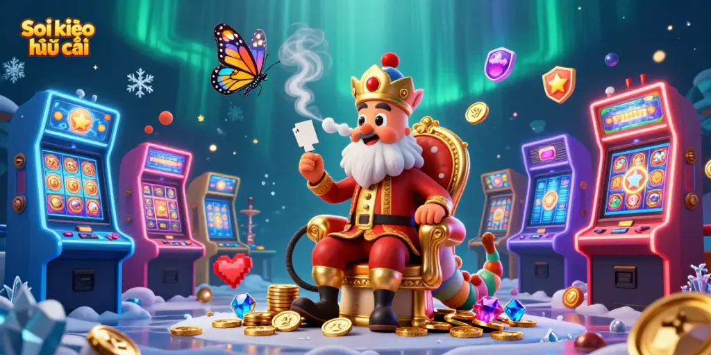 Soi kèo nhà cái illustration of a vibrant casino scene featuring cartoon characters and slot machines.