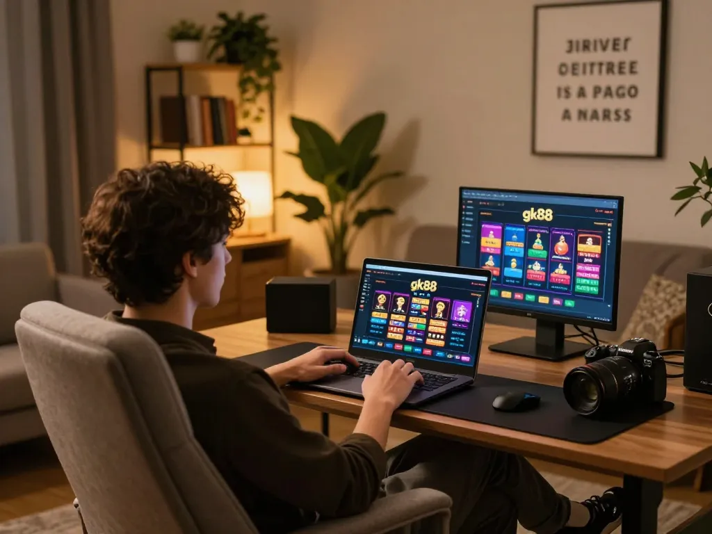 Engaged user strategically playing gk88 online casino games from a cozy home setup