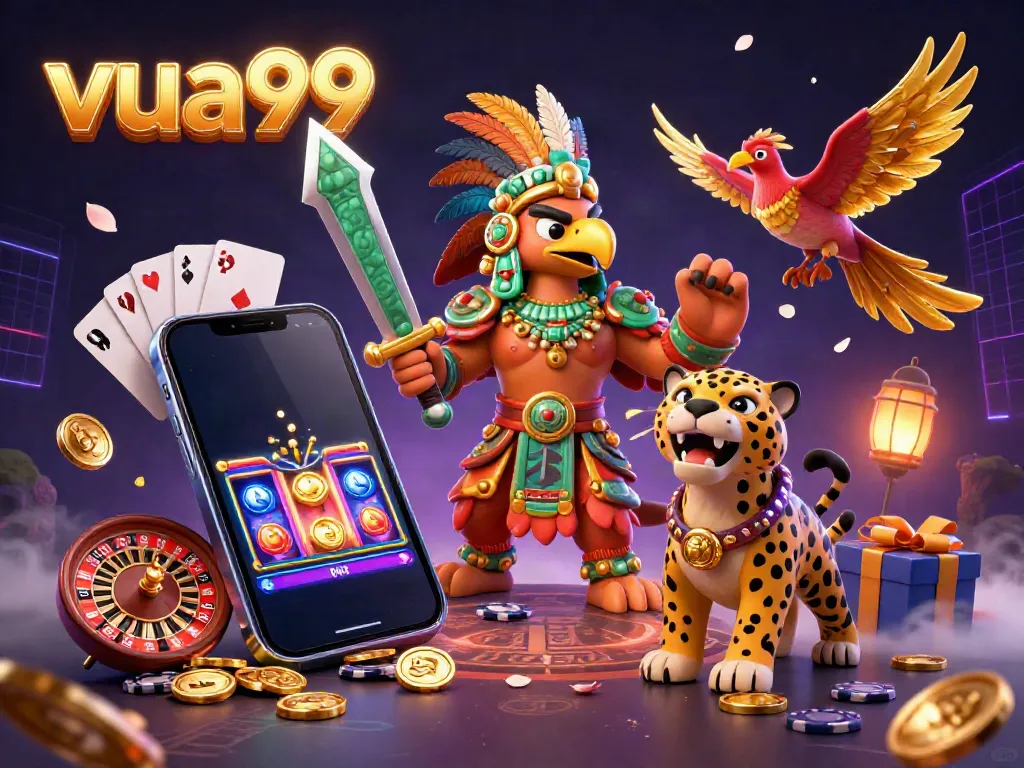 Experience the vibrant excitement of vua99 with a 3D illustration featuring a dynamic Aztec warrior and casino games.