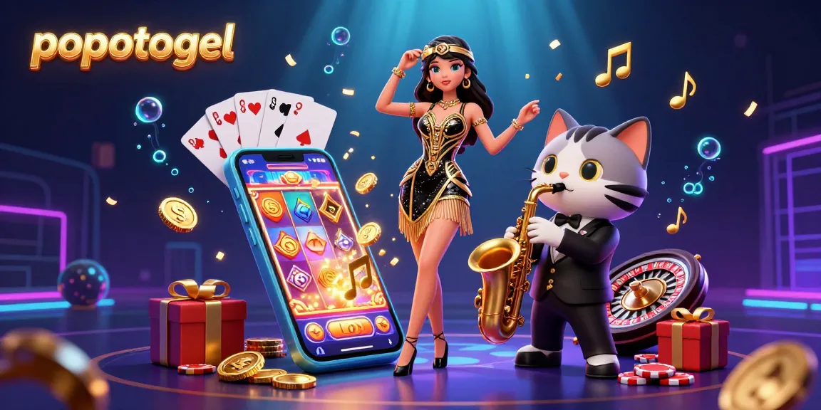 Experience the thrill of popotogel with dynamic slot games and festive gambling elements in a captivating 3D scene.