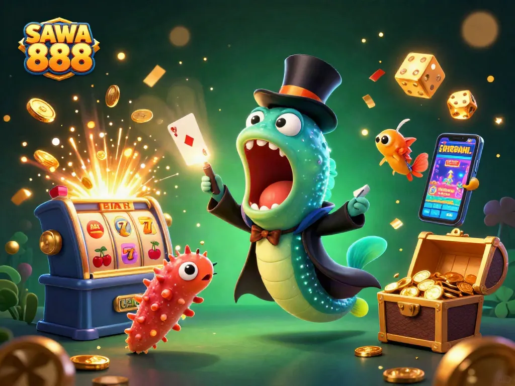 Experience thrilling magic with SAWA 888's captivating casino illustration filled with vibrant jackpot excitement.